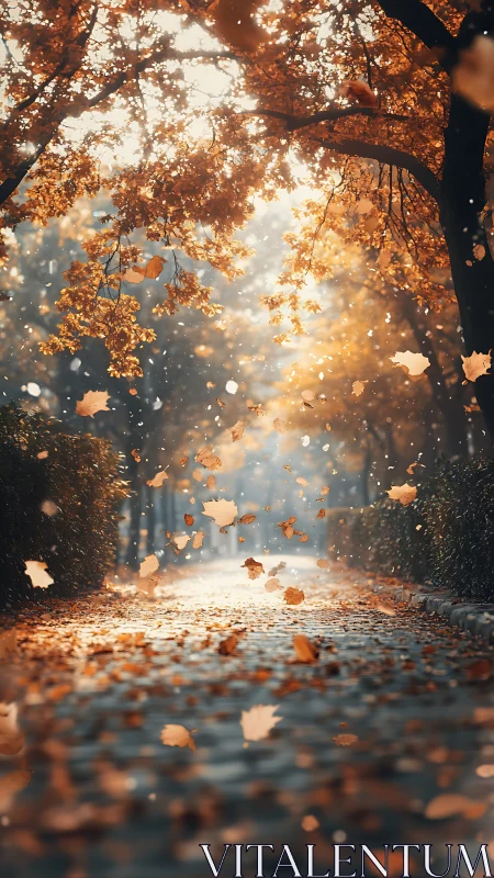 Autumn alley rendered with shallow depth and luminous backlight