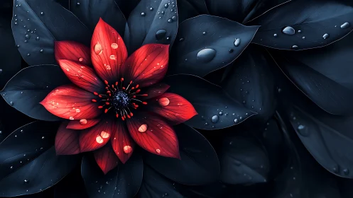 Red Flower with Dark Petals and Water Droplets