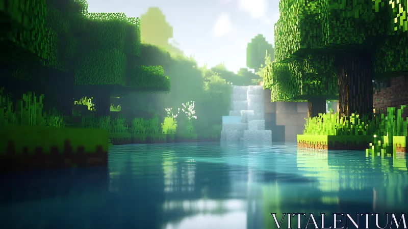 Voxel forest river with sunlit waterfall and reflections.