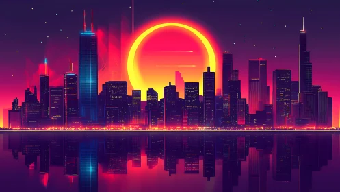 Neon eclipse skyline blazing over mirrored cyber cityscape.