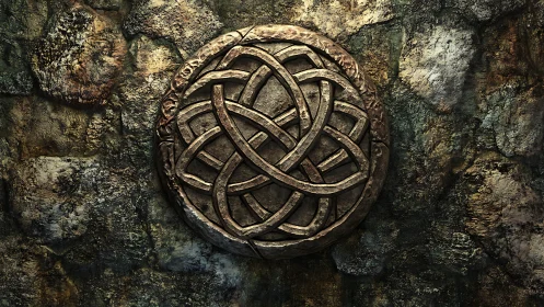 Weathered stone medallion shows interlaced knotwork relief carving