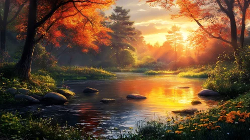 Luminous autumn river bend under radiant sunset glow.