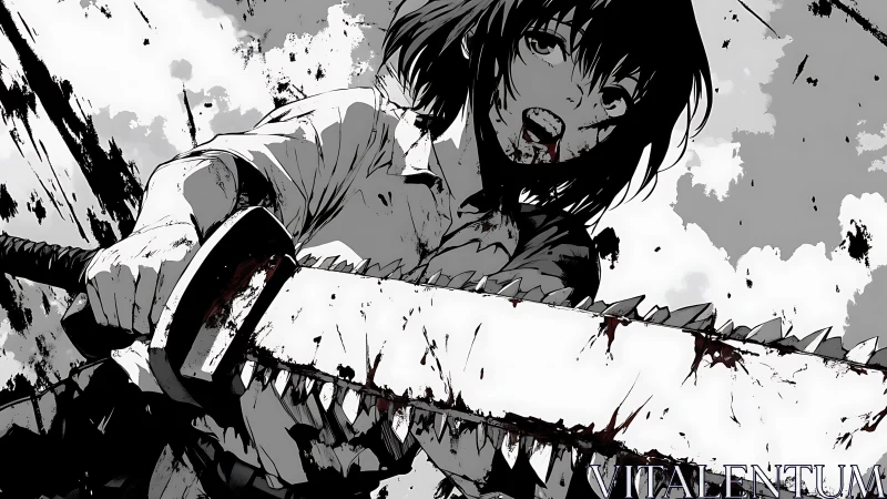 Girl grips bloodstained chainsaw in high contrast manga scene
