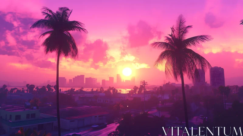 Neon sunset drenches a dreamy palm-lined coastal skyline