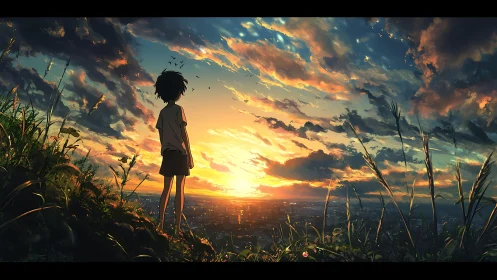 Sunset city dreamscape watched from a quiet grassy hilltop.