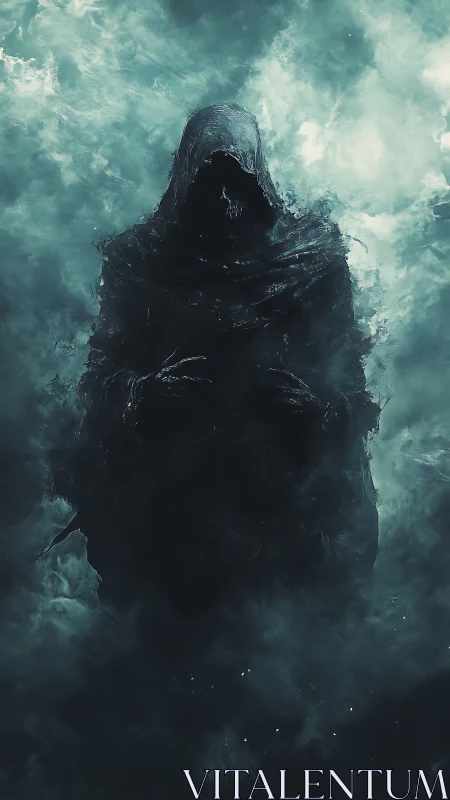 Hooded spectral figure emerging within dense teal mist.