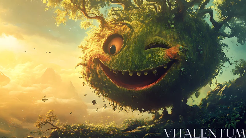 Grinning forest planet winks warmly over a golden dream valley