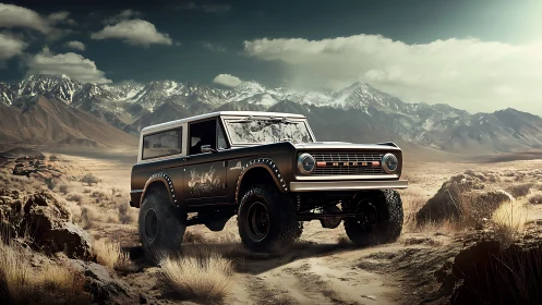 Classic off-road SUV in rugged high desert landscape.