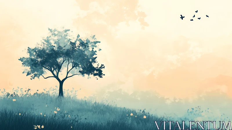 Tranquil landscape with lone tree and birds in watercolor style.