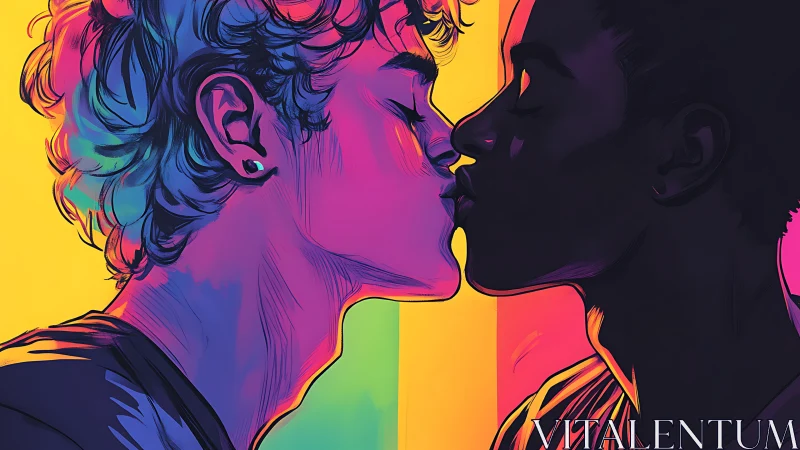Two figures kissing with vibrant gradient overlay and neon color blocking.