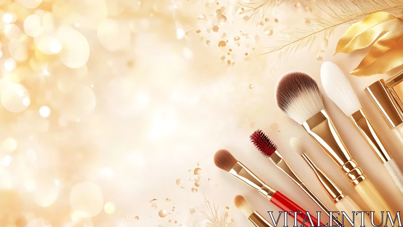 Makeup brushes lie on golden bokeh background with copyspace