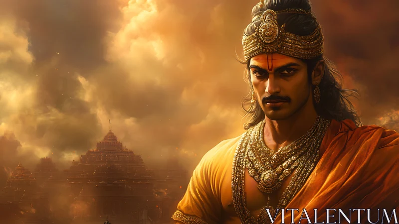 Regal warrior prince before mist-veiled golden temple city