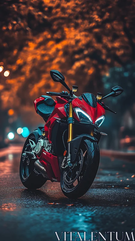 Red sport motorcycle under neon rain on city street at dusk.