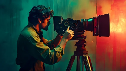 Cinematographer adjusting large vintage film camera on tripod.