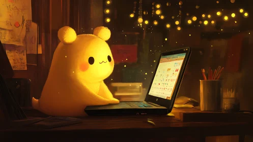 Luminous plush creature studies laptop under warm fairy lights.