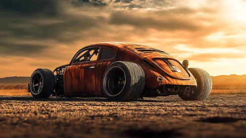Custom widebody hot rod coupe on desert dirt road at sunset.
