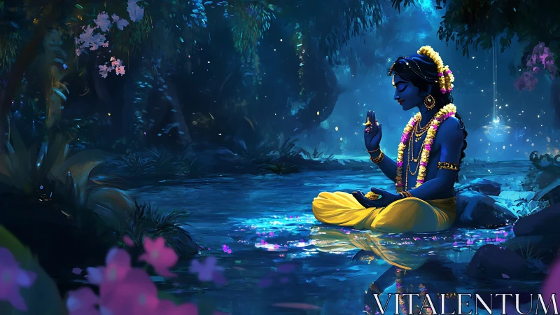 Blue-skinned deity meditates by moonlit forest stream.