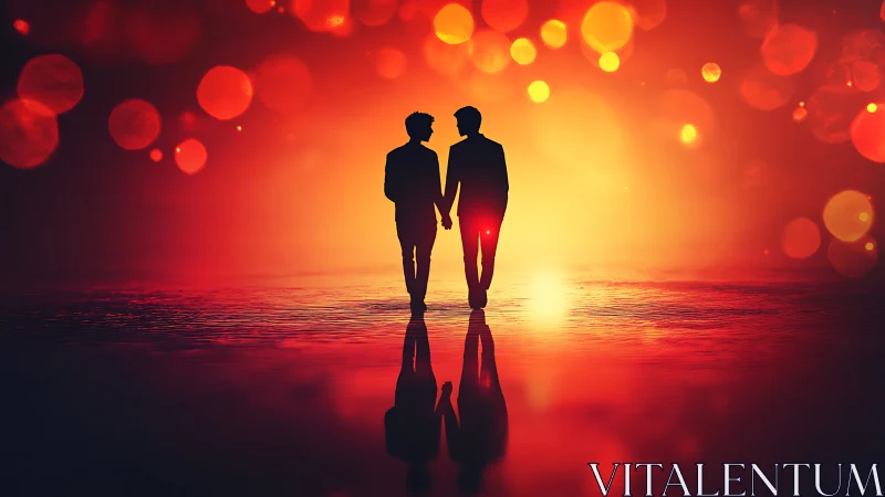 Two silhouetted figures stand together against warm glowing light background