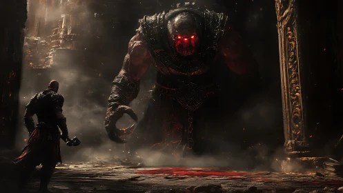 Lone warrior confronting colossal demon in molten ruins.