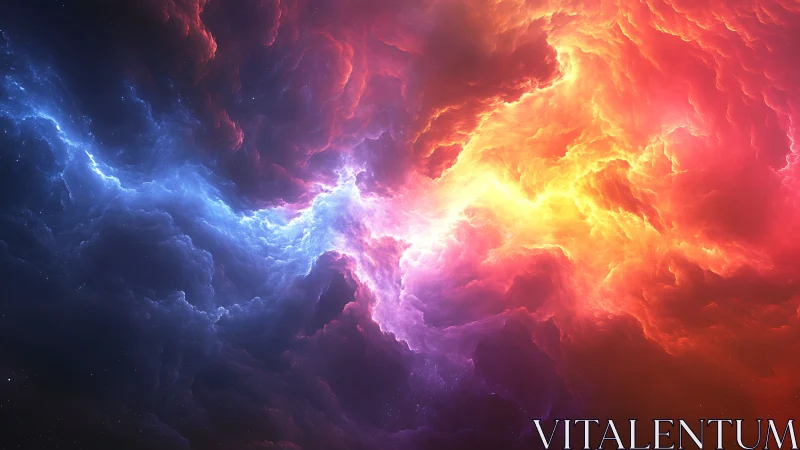 Glowing cosmic clouds meeting in a radiant sky of color.