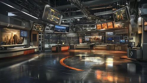 Futuristic control room with panoramic data displays glow.