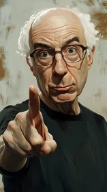 Thoughtful older man points forward with curious intensity