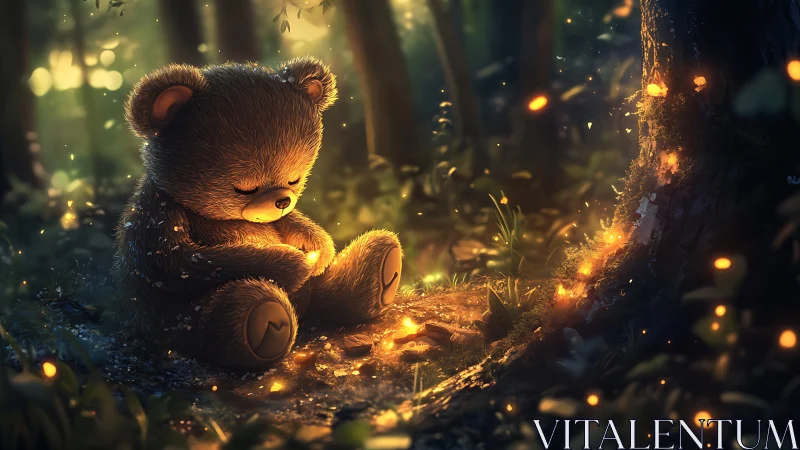 Bioluminescent forest glade with plush teddy bear at rest