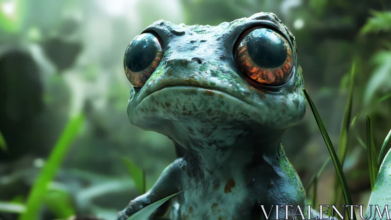 Close-up render of blue-green frog with large eyes in forest.