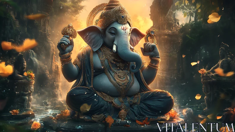 Digital depiction of Ganesha statue in ornate jungle shrine.
