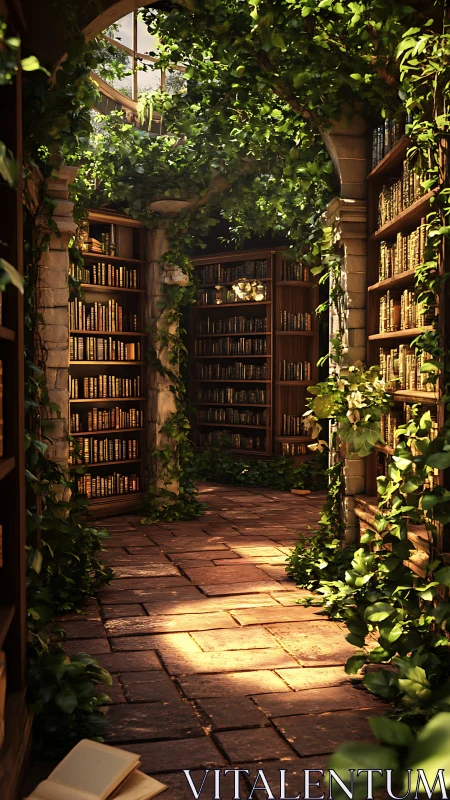Sunlit stone corridor library overgrown with green vines