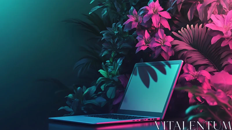 Open laptop is positioned among dense neon-lit foliage