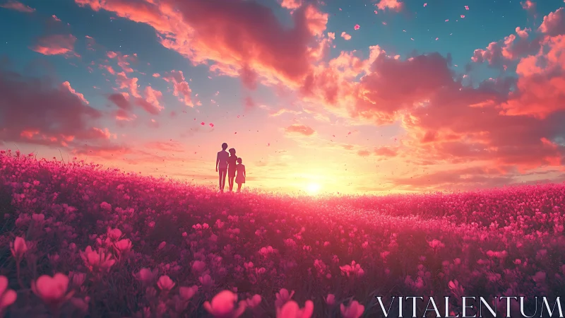 Family Silhouettes in Blossoming Field at Golden Sunset.