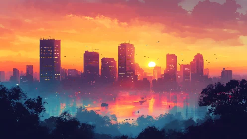 Spectral urban skyline over misted river at solar twilight.