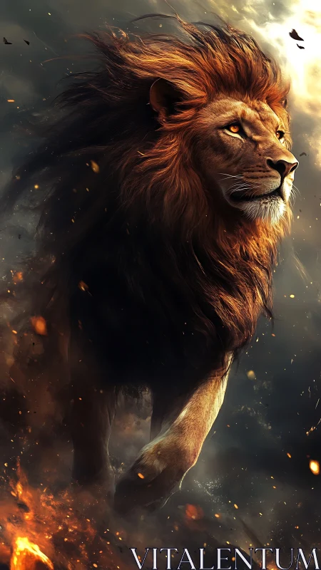 Majestic lion strides through embers under storm-lit sky.