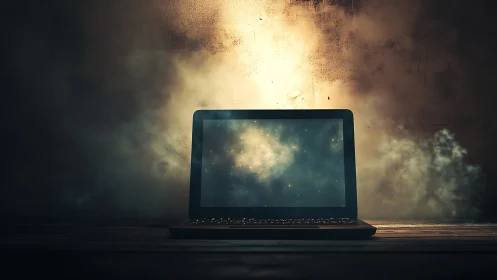 Backlit laptop with cosmic nebula display in dusty studio