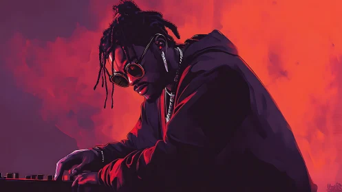 DJ in dark hoodie mixing tracks under vivid red light.