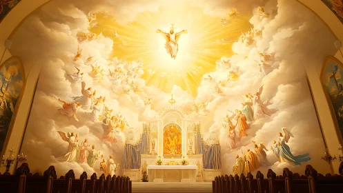 Radiant church mural filled with glowing clouds and angels.