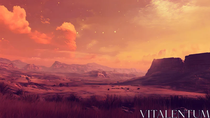 Digital painting of luminous desert plateau at sunset glow.