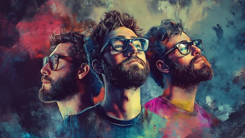 Prismatic portraits of a bearded man in shifting moods.