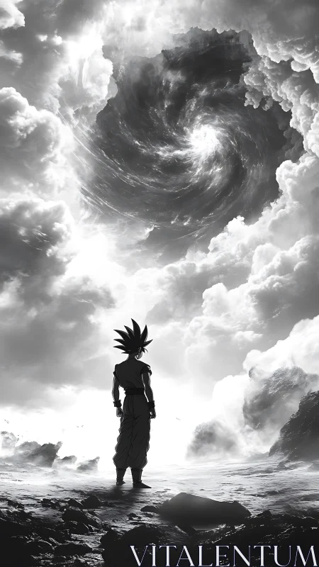 Silhouetted figure observes central vortex within dense clouds