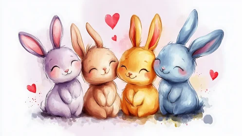 Quadrilateral bunny lineup uses pastel palette and soft-edge shading