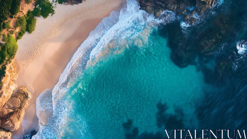 Turquoise cove meets sandy beach under rugged coastal cliffs