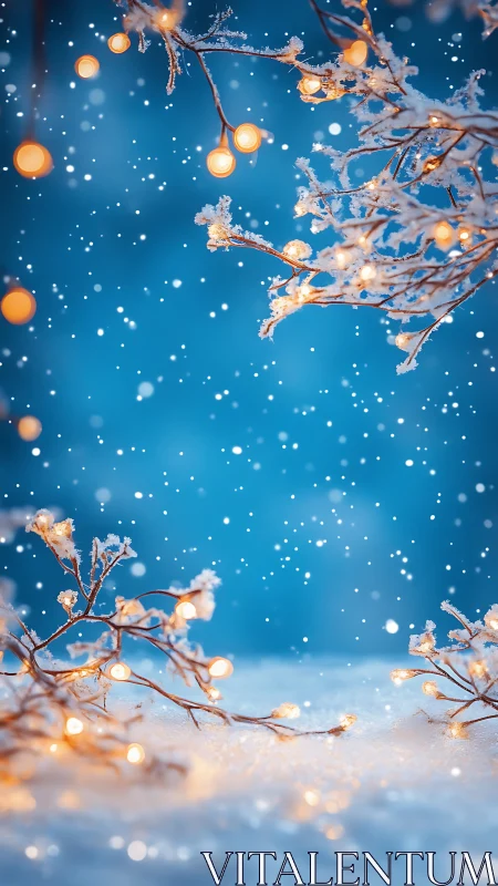 Snowy winter branches with warm glowing string lights.