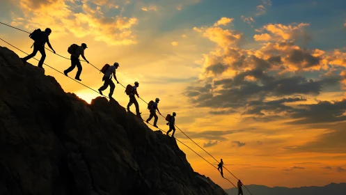 Silhouetted climbers traverse a steep ridge at sunset