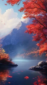 Mountain lake reflects vivid red autumn forest at sunrise