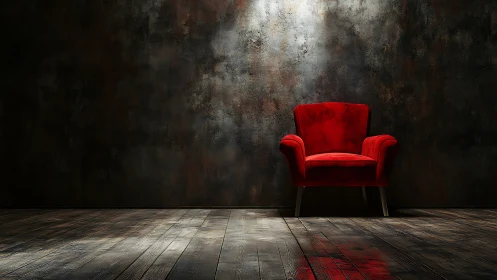 Red velvet armchair isolates against dark industrial wall