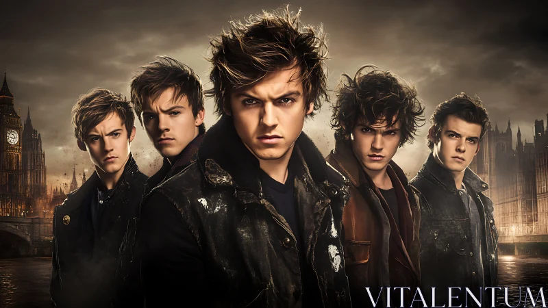 Brooding young men stand defiant before stormy London skyline