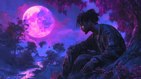 Neon purple moonlit forest with contemplative figure portrait.