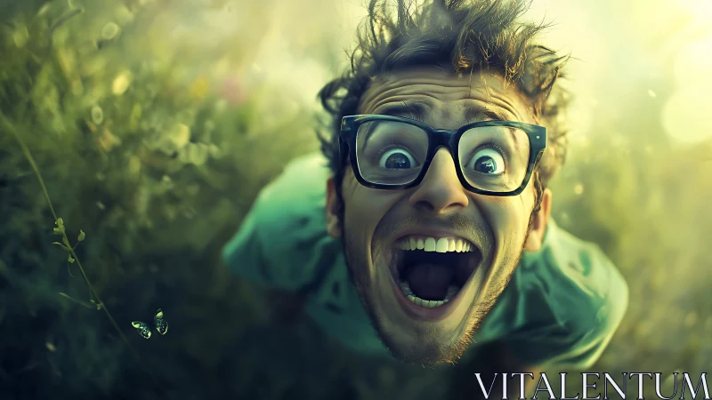 Joyful man in glasses laughs wildly in glowing nature scene