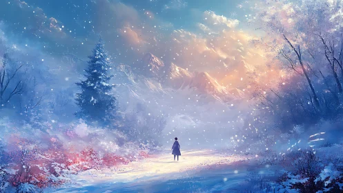 Solitary figure crossing luminous winter valley at dawn.